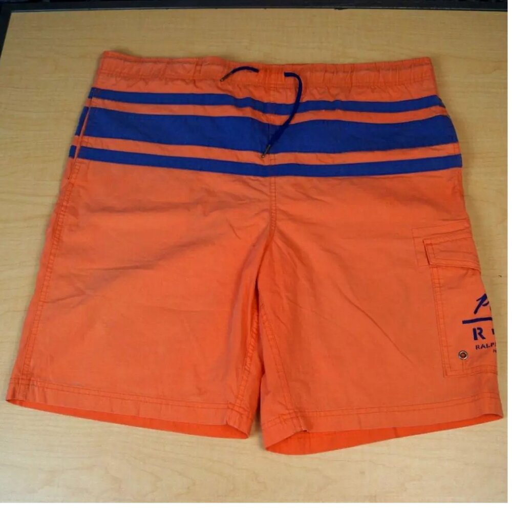 Vintage Polo Ralph Lauren Swim Trunks Orange Blue Cargo Pocket Mens M Medium